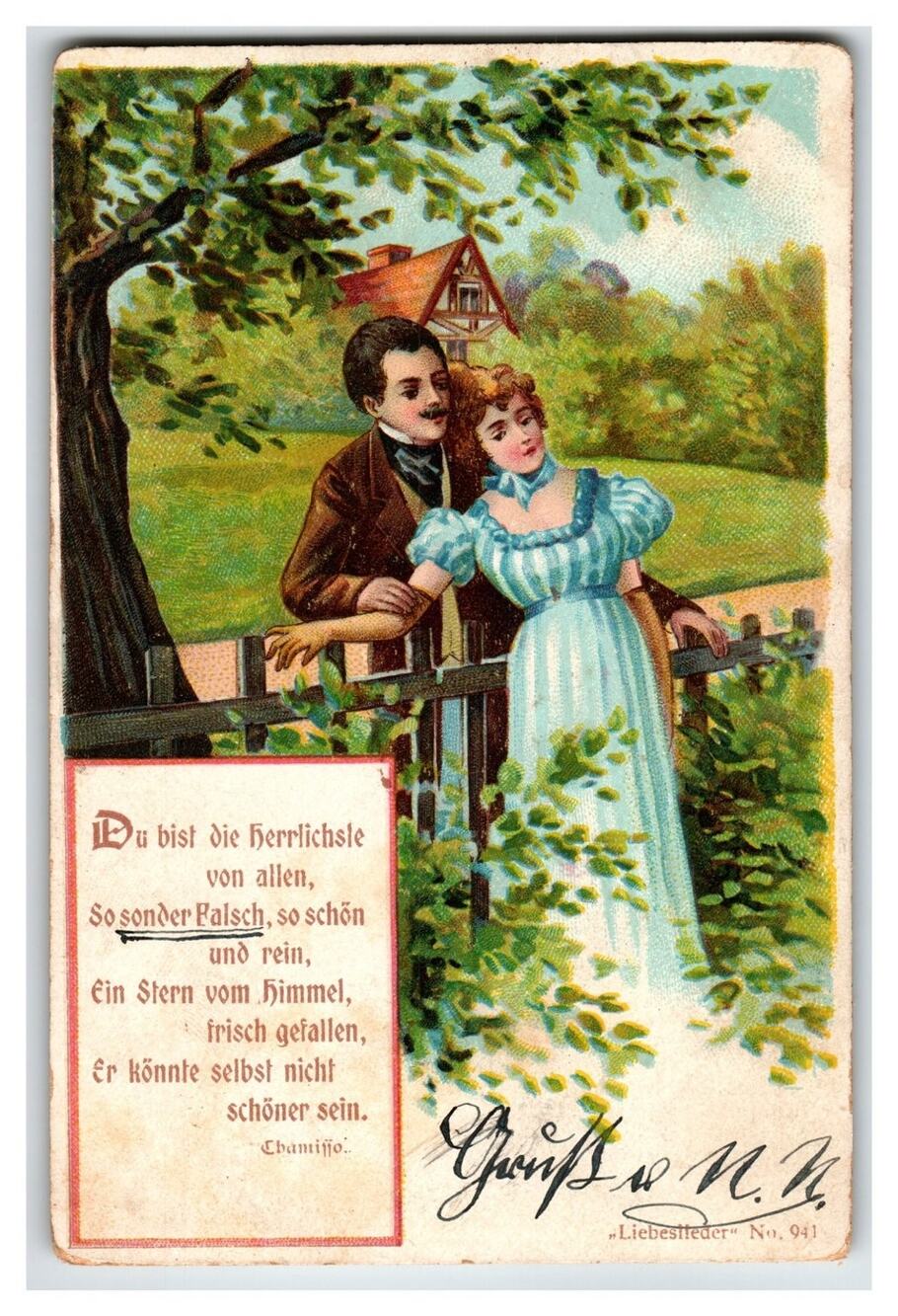 Antique German Poem Postcard Romantic Couple "Liebesfeder" No. 941 c.1905